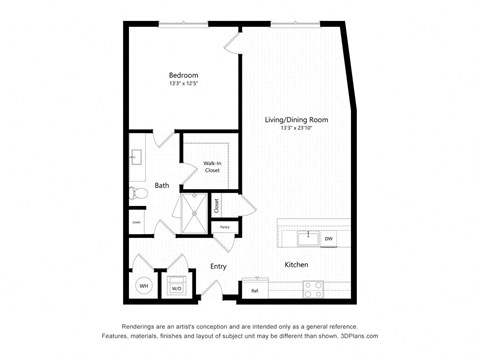 Floor plan for 1 bed, 1 bath, 899 sqft